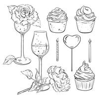 a set of hand drawn illustrations of wine glasses , cupcakes , candles and roses vector