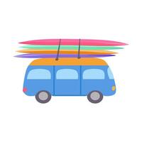 aislado linda retro azul autobús multicolor tablas de surf vacaciones viaje plano impresión verano póster póster ropa papel vector