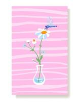 Summer poster Wild flowers white daisy dragonfly glass vase. Simple wild wild flower plant Template pink card vertical Wallpaper fabric packaging cloth Wallpaper textile vector