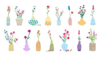 Big set of delicate graceful wildflowers 15 bouquets retro vase tall stems foliage. Simple floral elements Wild plants isolated white background Flat illustration vector