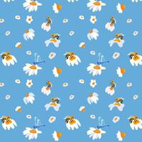 verano antecedentes margarita abeja ligero azul sin costura modelo primavera blanco prado flor ornamento envase fondo de pantalla textil mosaico vector