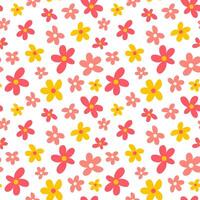 Red, pink, yellow cartoon flower seamless pattern. Cute summer kids background for fabric, print, paper. Nursery, party, birthday design vector