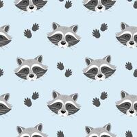 Seamless pattern with cute funny cartoon raccoon head and paws in flat style on blue background . Forest animal background for print, textile, wrapping paper vector