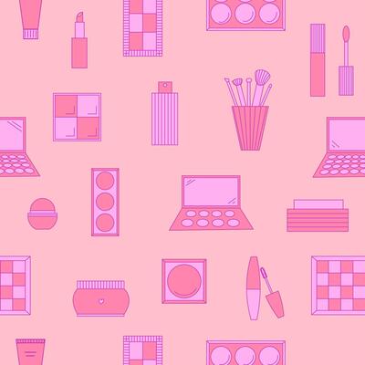 Seamless pattern of decorative cosmetics. Eyeshadow palette, blush, mascara, gloss, lipstick, cream, makeup brushes. illustration