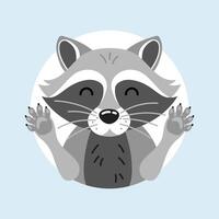 Cute funny cartoon raccoon with paws in flat style. Forest animal character for logo, print, greeting card. vector