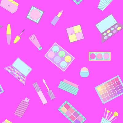 Seamless pattern of decorative cosmetics. Eyeshadow palette, blush, mascara, gloss, lipstick, cream, makeup brushes. illustration