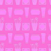 Seamless pattern of decorative cosmetics. Blush, powder, cream and makeup brushes. illustration vector