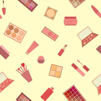 Seamless pattern of decorative cosmetics. Eyeshadow palette, blush, mascara, gloss, lipstick, cream, makeup brushes. illustration