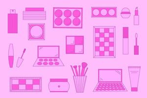 Set of decorative cosmetics. Eyeshadow palette, blush, mascara, gloss, lipstick, cream, make up brushes vector