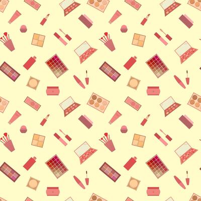 Seamless pattern of decorative cosmetics. Eyeshadow palette, blush, mascara, gloss, lipstick, cream, makeup brushes. illustration