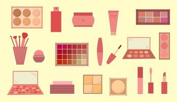 conjunto de decorativo productos cosméticos. sombra paleta, rubor, máscara, brillo, lápiz labial, crema, hacer arriba cepillos vector