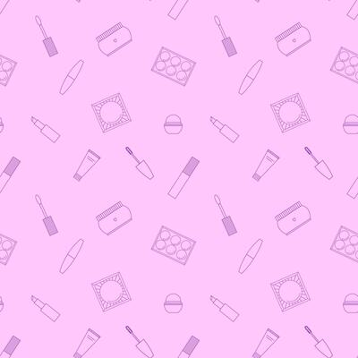 Seamless pattern of decorative cosmetics. Eyeshadow palette, blush, mascara, gloss, lipstick, cream, makeup brushes. illustration
