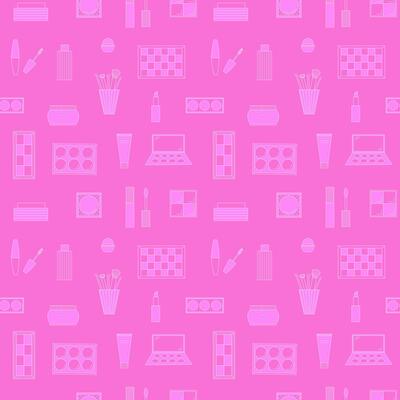 Seamless pattern of decorative cosmetics. Eyeshadow palette, blush, mascara, gloss, lipstick, cream, makeup brushes. illustration