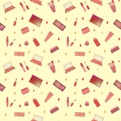Seamless pattern of decorative cosmetics. Eyeshadow palette, blush, mascara, gloss, lipstick, cream, makeup brushes. illustration