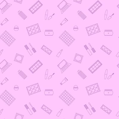 Seamless pattern of decorative cosmetics. Eyeshadow palette, blush, mascara, gloss, lipstick, cream, makeup brushes. illustration