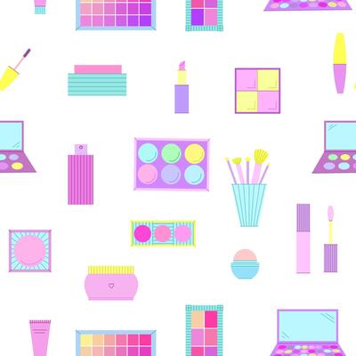 Bright seamless pattern of decorative cosmetics. Eyeshadow palette, blush, mascara, gloss, lipstick, cream, makeup brushes. illustration