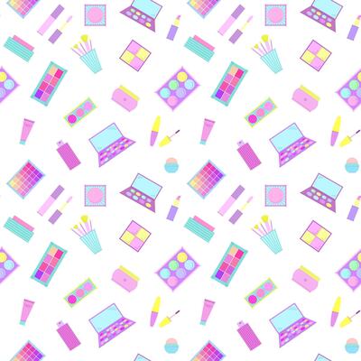 Bright seamless pattern of decorative cosmetics. Eyeshadow palette, blush, mascara, gloss, lipstick, cream, makeup brushes. illustration