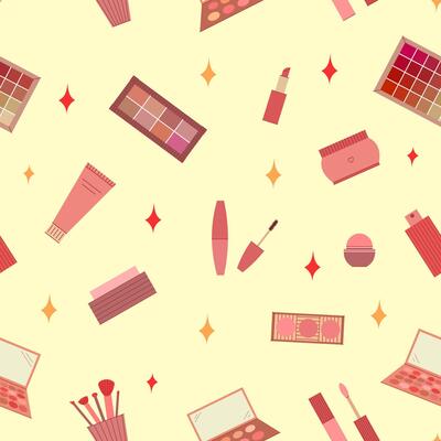 Seamless pattern of decorative cosmetics. Eyeshadow palette, blush, mascara, gloss, lipstick, cream, makeup brushes. illustration
