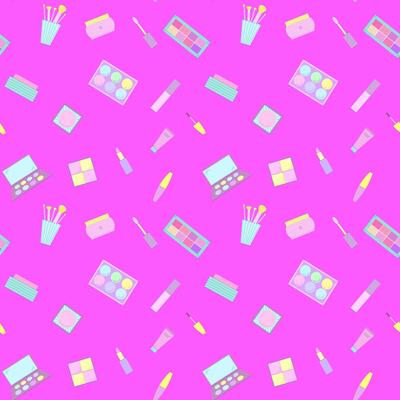 Seamless pattern of decorative cosmetics. Eyeshadow palette, blush, mascara, gloss, lipstick, cream, makeup brushes. illustration