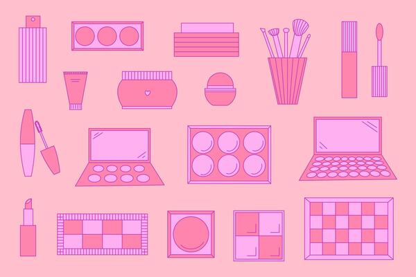 Set of decorative cosmetics. Eyeshadow palette, blush, mascara, gloss, lipstick, cream, make up brushes
