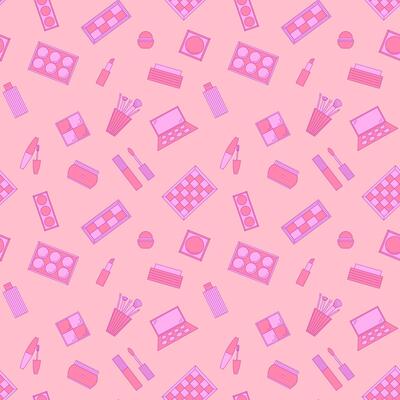 Seamless pattern of decorative cosmetics. Eyeshadow palette, blush, mascara, gloss, lipstick, cream, makeup brushes. illustration