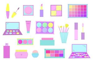 Set of decorative cosmetics. Eyeshadow palette, blush, mascara, gloss, lipstick, cream, make up brushes vector