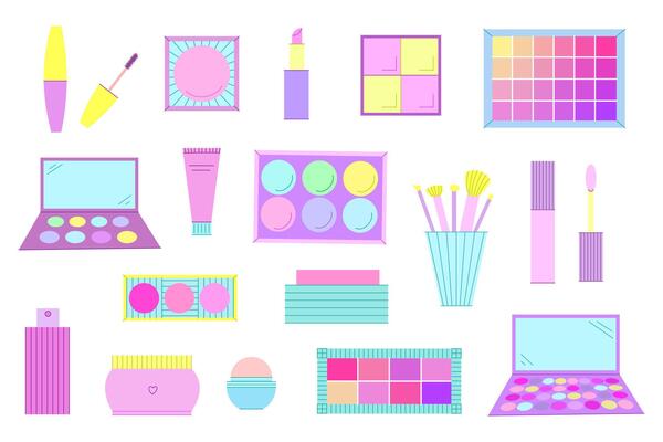 Set of decorative cosmetics. Eyeshadow palette, blush, mascara, gloss, lipstick, cream, make up brushes