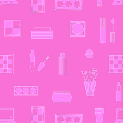 Seamless pattern of decorative cosmetics. Eyeshadow palette, blush, mascara, gloss, lipstick, cream, makeup brushes. illustration