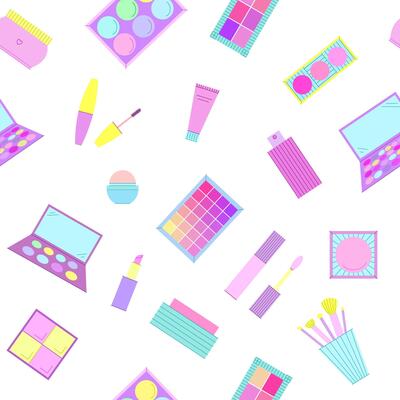 Bright seamless pattern of decorative cosmetics. Eyeshadow palette, blush, mascara, gloss, lipstick, cream, makeup brushes. illustration