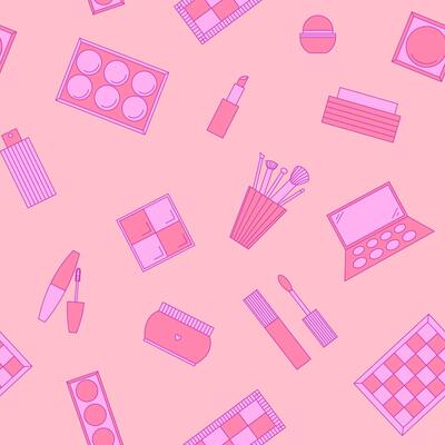 Seamless pattern of decorative cosmetics. Eyeshadow palette, blush, mascara, gloss, lipstick, cream, makeup brushes. illustration