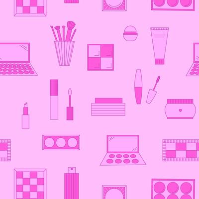 Seamless pattern of decorative cosmetics. Eyeshadow palette, blush, mascara, gloss, lipstick, cream, makeup brushes. illustration