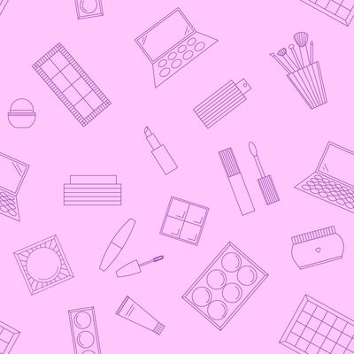 Seamless pattern of decorative cosmetics. Eyeshadow palette, blush, mascara, gloss, lipstick, cream, makeup brushes. illustration
