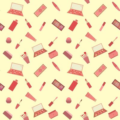 Seamless pattern of decorative cosmetics. Eyeshadow palette, blush, mascara, gloss, lipstick, cream, makeup brushes. illustration