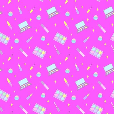 Seamless pattern of decorative cosmetics. Eyeshadow palette, blush, mascara, gloss, lipstick, cream, makeup brushes. illustration
