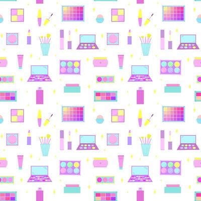 Bright seamless pattern of decorative cosmetics. Eyeshadow palette, blush, mascara, gloss, lipstick, cream, makeup brushes. illustration