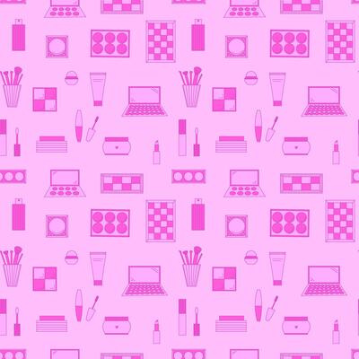 Seamless pattern of decorative cosmetics. Eyeshadow palette, blush, mascara, gloss, lipstick, cream, makeup brushes. illustration