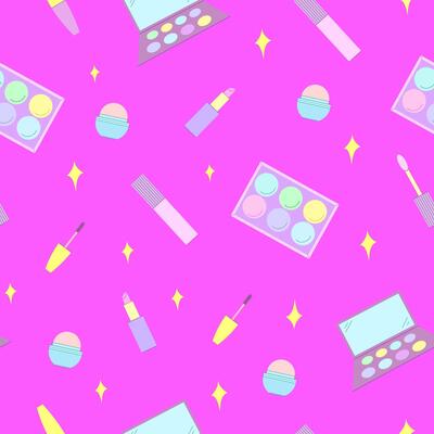 Seamless pattern of decorative cosmetics. Eyeshadow palette, blush, mascara, gloss, lipstick, cream, makeup brushes. illustration