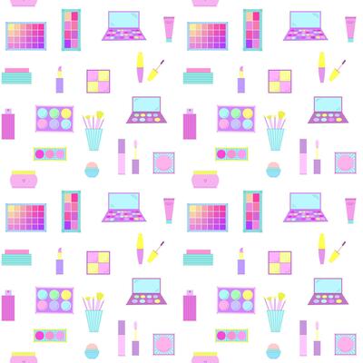 Bright seamless pattern of decorative cosmetics. Eyeshadow palette, blush, mascara, gloss, lipstick, cream, makeup brushes. illustration