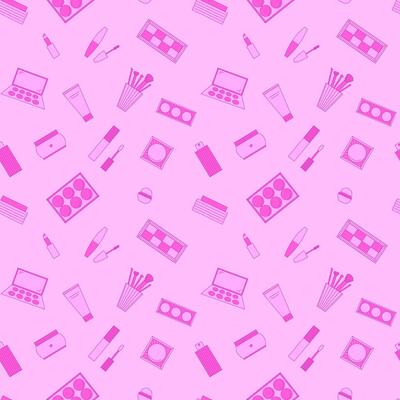 Seamless pattern of decorative cosmetics. Eyeshadow palette, blush, mascara, gloss, lipstick, cream, makeup brushes. illustration