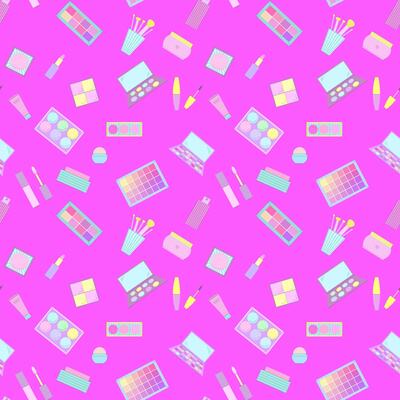 Seamless pattern of decorative cosmetics. Eyeshadow palette, blush, mascara, gloss, lipstick, cream, makeup brushes. illustration