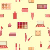 Seamless pattern of decorative cosmetics. Eyeshadow palette, blush, mascara, gloss, lipstick, cream, makeup brushes. illustration vector