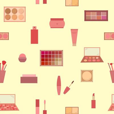 Seamless pattern of decorative cosmetics. Eyeshadow palette, blush, mascara, gloss, lipstick, cream, makeup brushes. illustration