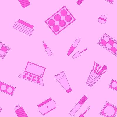 Seamless pattern of decorative cosmetics. Eyeshadow palette, blush, mascara, gloss, lipstick, cream, makeup brushes. illustration