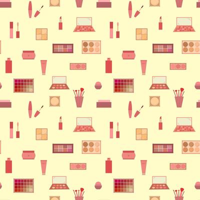 Seamless pattern of decorative cosmetics. Eyeshadow palette, blush, mascara, gloss, lipstick, cream, makeup brushes. illustration