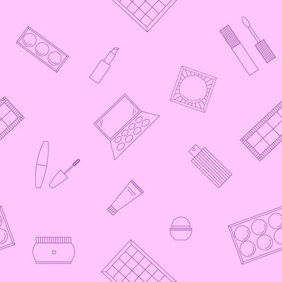 Seamless pattern of decorative cosmetics. Eyeshadow palette, blush, mascara, gloss, lipstick, cream, makeup brushes. illustration
