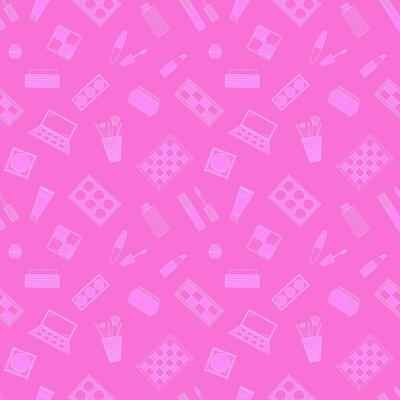 Seamless pattern of decorative cosmetics. Eyeshadow palette, blush, mascara, gloss, lipstick, cream, makeup brushes. illustration