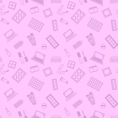 Seamless pattern of decorative cosmetics. Eyeshadow palette, blush, mascara, gloss, lipstick, cream, makeup brushes. illustration