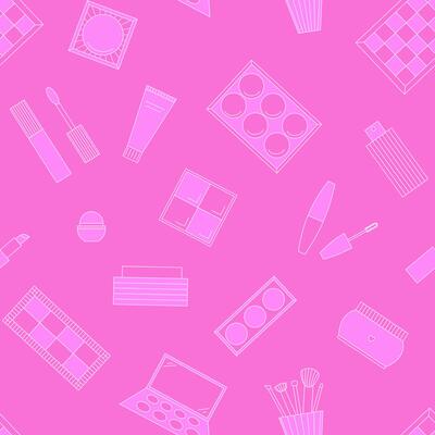 Seamless pattern of decorative cosmetics. Eyeshadow palette, blush, mascara, gloss, lipstick, cream, makeup brushes. illustration