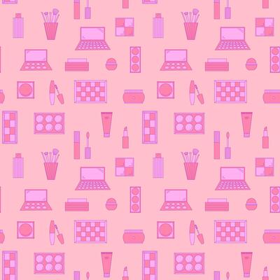Seamless pattern of decorative cosmetics. Eyeshadow palette, blush, mascara, gloss, lipstick, cream, makeup brushes. illustration