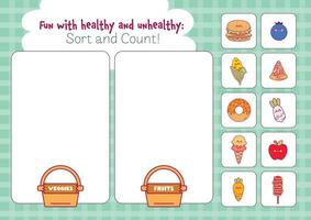 flat design healthy and unhealthy food worksheet printable for kids education activity vector